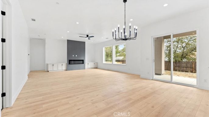 Empty room, Interior, Pendant Lights, Recessed Lighting, Wood Texture Flooring