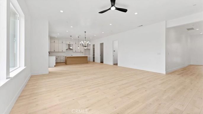 Empty room, Interior, Kitchen, Pendant Lights, Recessed Lighting, Wood Texture Flooring