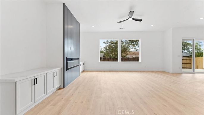 Empty room, Interior, Kitchen, Recessed Lighting, Wood Texture Flooring