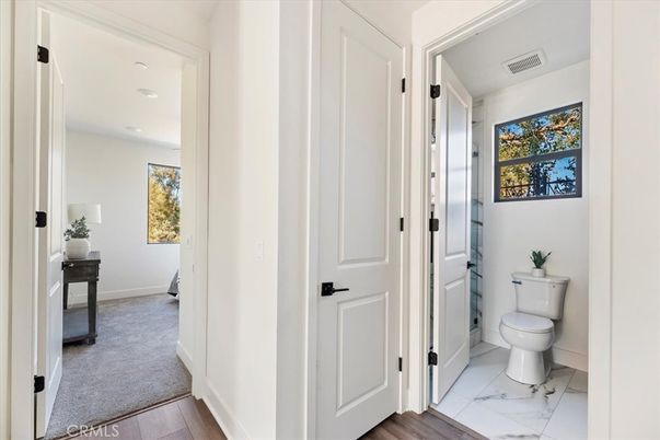 Bathroom, Interior, Marble, Recessed Lighting, Wood Texture Flooring