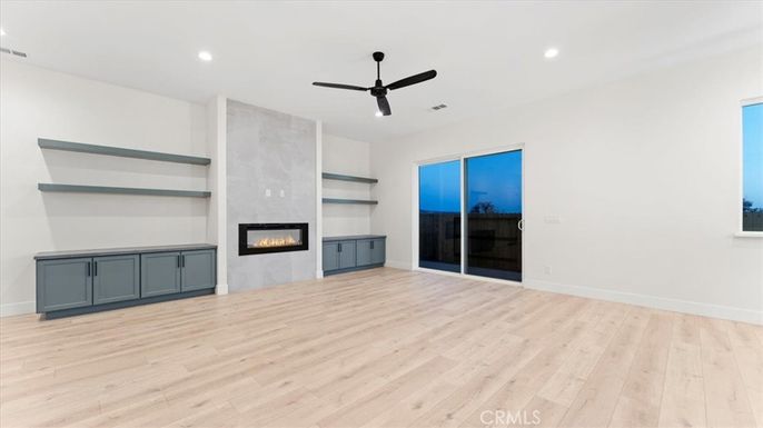 Empty room, Fireplace, Interior, Recessed Lighting, Wood Texture Flooring
