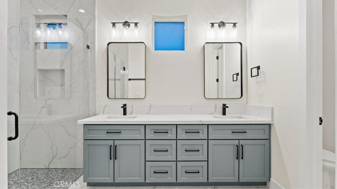 Bathroom, Dual Sink Vanities, Glass Shower, Interior, Marble Walls