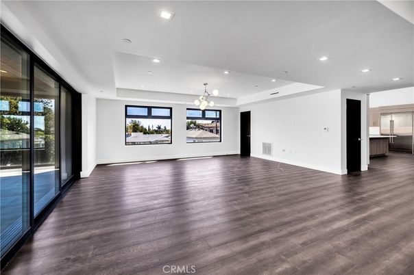 Empty room, Interior, Kitchen, Pendant Lights, Recessed Lighting, Wood Texture Flooring