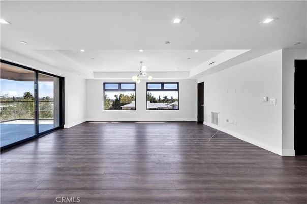 Empty room, Interior, Pendant Lights, Recessed Lighting, Wood Texture Flooring