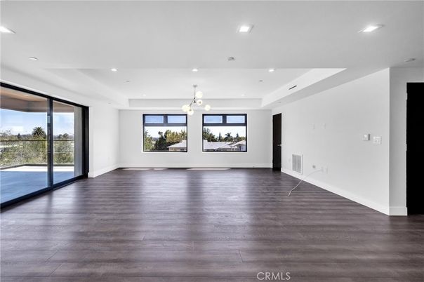 Empty room, Interior, Pendant Lights, Recessed Lighting, Wood Texture Flooring