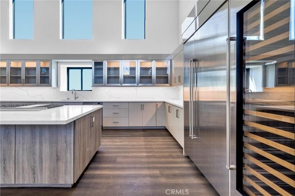 Interior, Kitchen, Marble Walls, Stainless Steel Appliances, Wood Texture Flooring