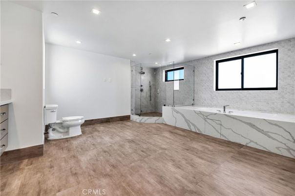 Bathroom, Glass Shower, Interior, Marble Walls, Recessed Lighting