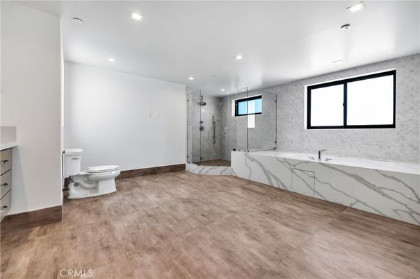 Bathroom, Glass Shower, Interior, Marble Walls, Recessed Lighting