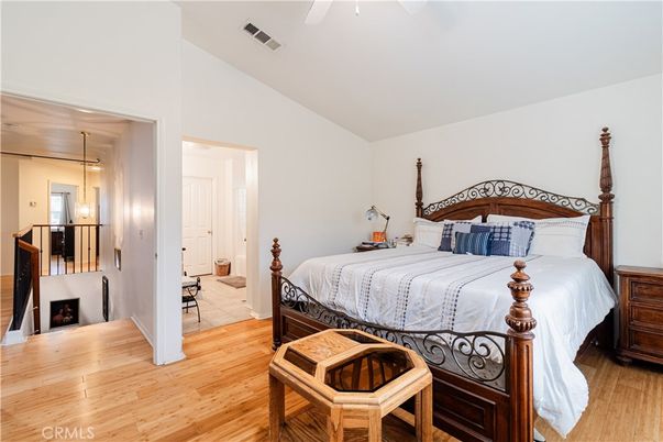 Bedroom, Fireplace, Interior, Pendant Lights, Wood Texture Flooring