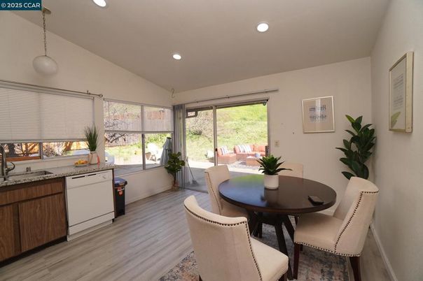 Dining room, Interior, Pendant Lights, Recessed Lighting, Wood Texture Flooring