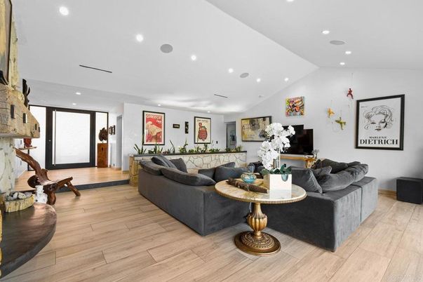 Interior, Living room, Projection Screen, Recessed Lighting, Wood Texture Flooring