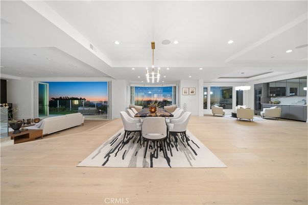Dining room, Fireplace, Interior, Living room, Pendant Lights, Recessed Lighting, Wood Texture Flooring