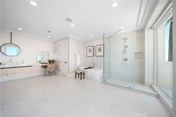 Bathroom, Free Standing Baths, Glass Shower, Interior, Marble, Marble Walls, Recessed Lighting