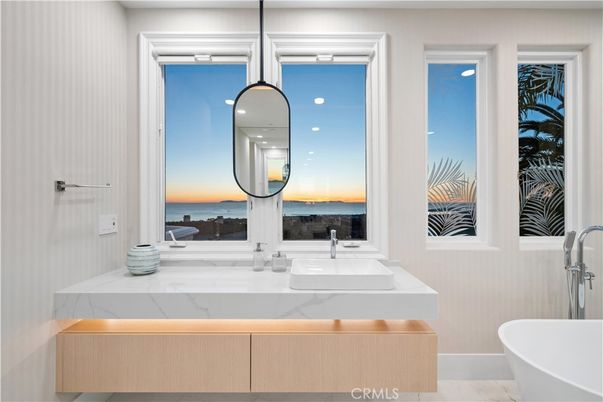 Bathroom, Dual Sink Vanities, Free Standing Baths, Interior, Marble, Pendant Lights, Water