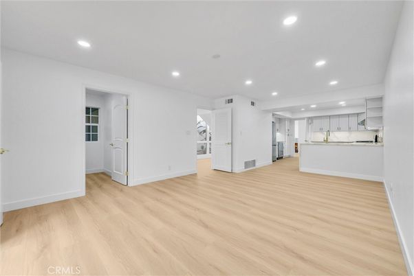 Empty room, Interior, Kitchen, Recessed Lighting, Wood Texture Flooring