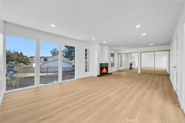 Empty room, Fireplace, Interior, Recessed Lighting, Wood Texture Flooring