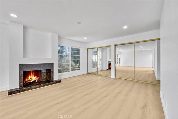 Empty room, Fireplace, Interior, Recessed Lighting, Wood Texture Flooring