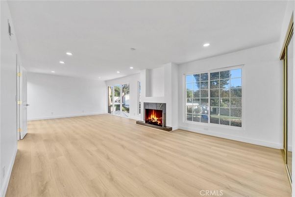 Empty room, Fireplace, Interior, Recessed Lighting, Wood Texture Flooring