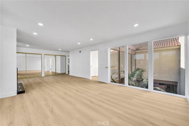 Empty room, Fireplace, Interior, Recessed Lighting, Wood Texture Flooring