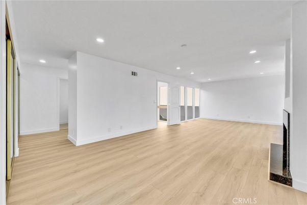 Empty room, Fireplace, Interior, Recessed Lighting, Wood Texture Flooring