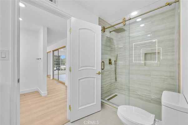 Bathroom, Glass Shower, Interior, Recessed Lighting, Wood Texture Flooring