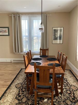 Dining room, Interior, Pendant Lights, Wood Texture Flooring