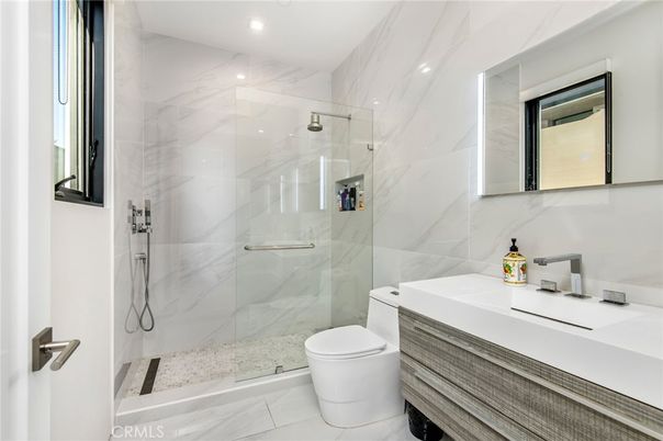 Bathroom, Glass Shower, Interior, Marble Walls, Recessed Lighting