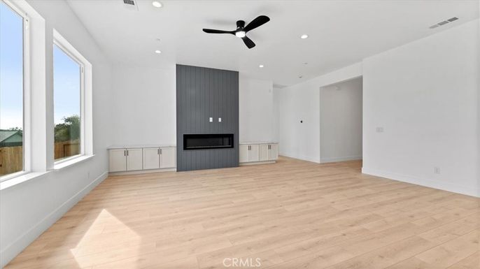 Empty room, Fireplace, Interior, Recessed Lighting, Wood Texture Flooring