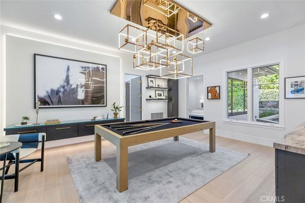 Billiard Table, Game Room, Interior, Pendant Lights, Recessed Lighting, Wood Texture Flooring