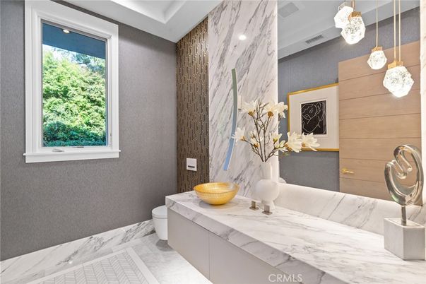 Bathroom, Interior, Marble, Marble Walls, Pendant Lights, Recessed Lighting