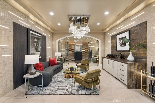 Chandelier, Interior, Living room, Recessed Lighting, Stone Walls, Wine Storage