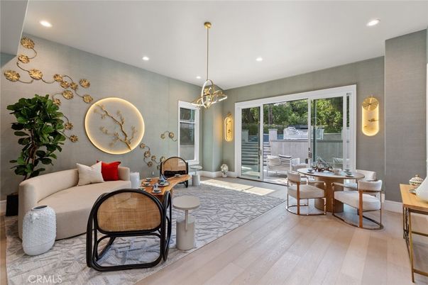 Dining room, Interior, Living room, Pendant Lights, Recessed Lighting, Wood Texture Flooring