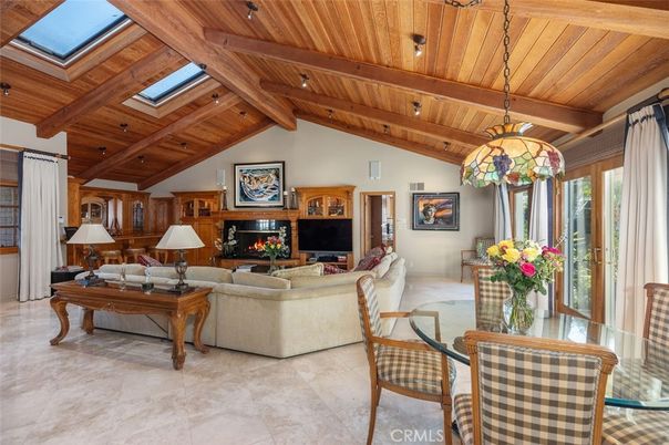 Fireplace, Interior, Living room, Pendant Lights, Recessed Lighting, Wooden Beams, Wooden Ceilings