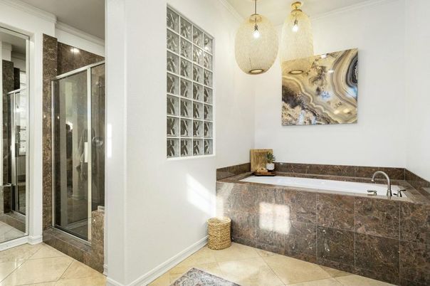 Bathroom, Glass Shower, Interior, Pendant Lights