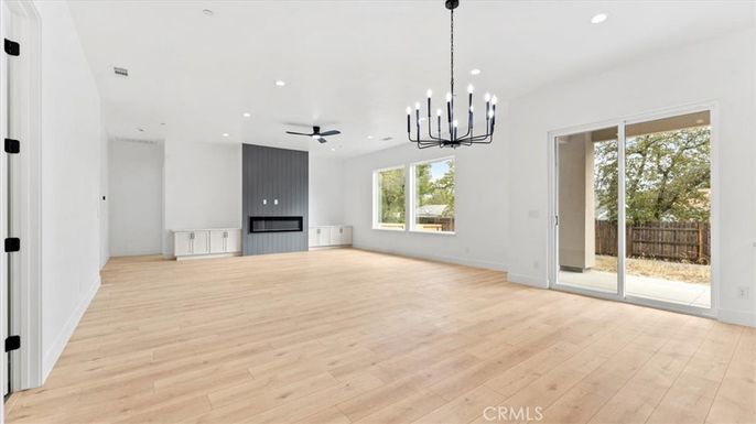 Empty room, Interior, Pendant Lights, Recessed Lighting, Wood Texture Flooring