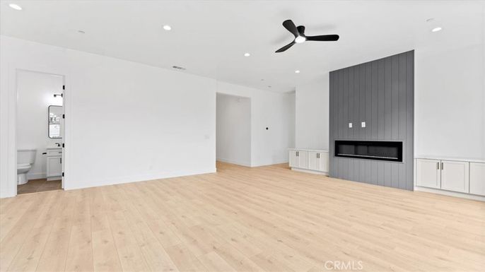 Bathroom, Empty room, Fireplace, Interior, Recessed Lighting, Wood Texture Flooring