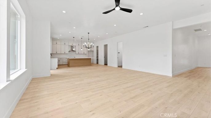 Empty room, Interior, Kitchen, Pendant Lights, Recessed Lighting, Wood Texture Flooring