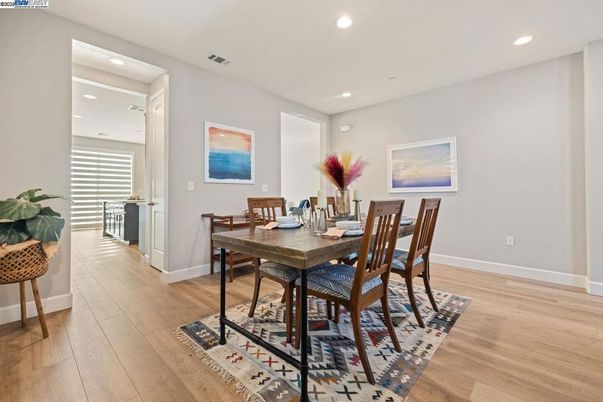 Dining room, Interior, Recessed Lighting, Wood Texture Flooring