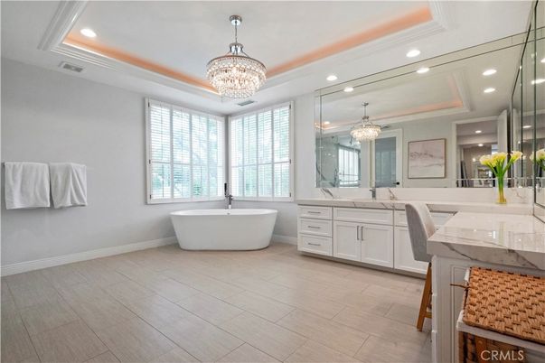 Bathroom, Chandelier, Dual Sink Vanities, Free Standing Baths, Interior, Recessed Lighting