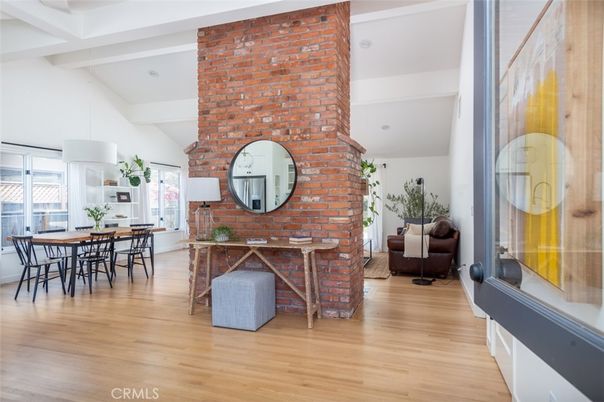 Dining room, Fireplace, Interior, Pendant Lights, Stone Walls, Wood Texture Flooring