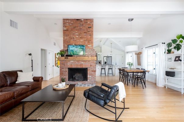 Dining room, Fireplace, Interior, Living room, Pendant Lights, Stone Walls, Wood Texture Flooring