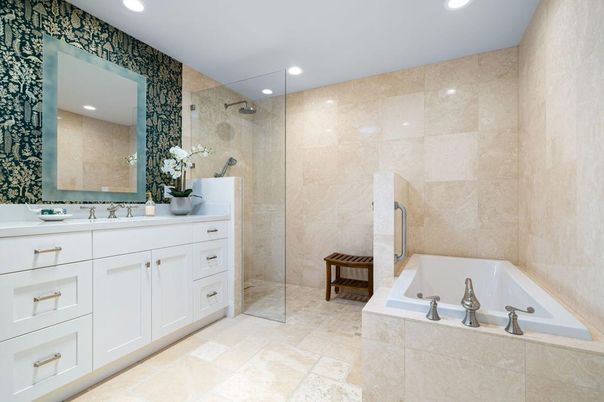 Bathroom, Dual Sink Vanities, Glass Shower, Interior, Recessed Lighting