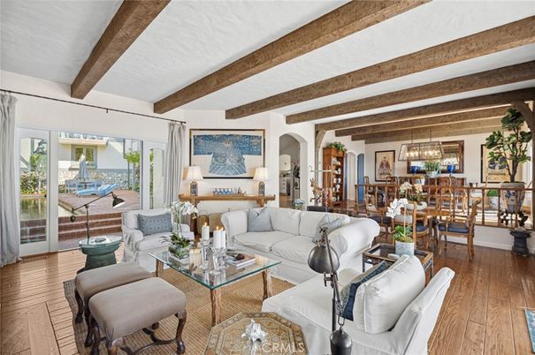 Chandelier, Dining room, Interior, Living room, Pendant Lights, Wooden Beams, Wood Texture Flooring