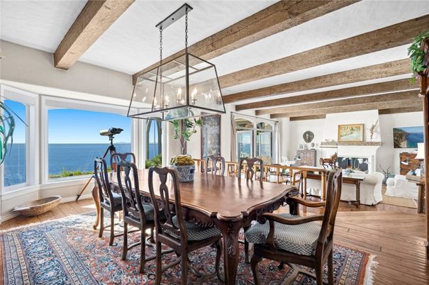 Dining room, Fireplace, Interior, Pendant Lights, Water, Wooden Beams, Wood Texture Flooring