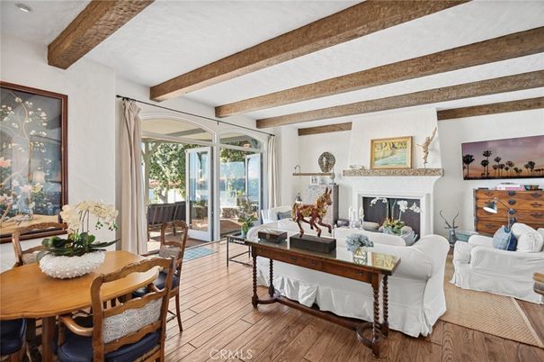 Dining room, Fireplace, Interior, Living room, Wooden Beams, Wood Texture Flooring