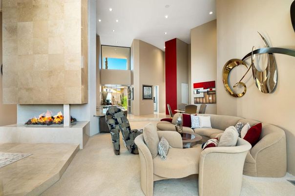Dining room, Fireplace, Interior, Living room, Recessed Lighting