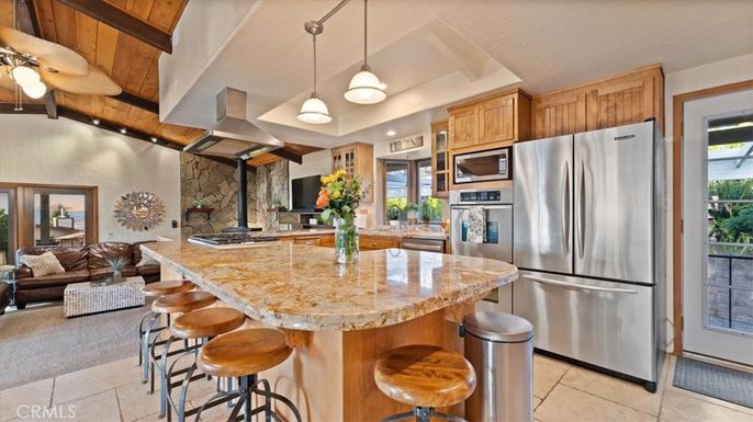 Interior, Kitchen, Living room, Pendant Lights, Stainless Steel Appliances, Stone Walls, Wooden Beams