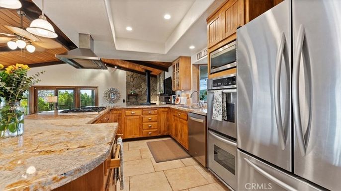 Interior, Kitchen, Recessed Lighting, Stainless Steel Appliances, Stone Walls, Wooden Beams, Wooden Ceilings