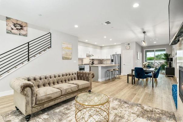 Dining room, Interior, Kitchen, Living room, Pendant Lights, Recessed Lighting, Stainless Steel Appliances, Wood Texture Flooring