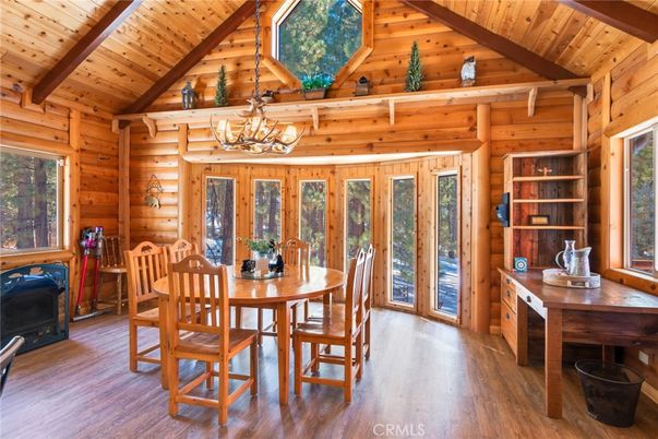 Chandelier, Dining room, Fireplace, Interior, Wooden Beams, Wooden Ceilings, Wood Texture Flooring, Wooden Walls